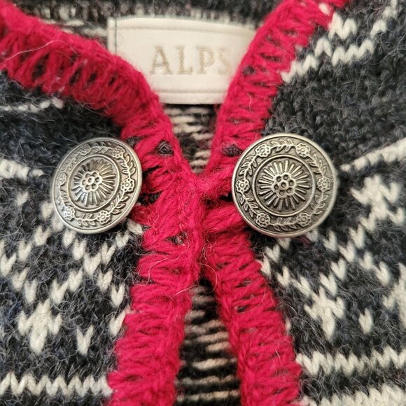 Alps XL Wool Nordic Sweater Metal Buttons Black White Gray Red Y2K 90s - Picture 4 of 8